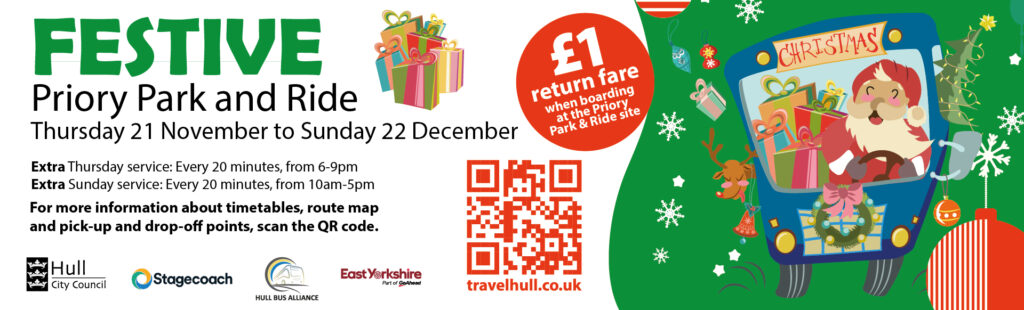 The Festive Park & Ride Service will run from Thursday 21 November to Sunday 22 December (inclusive) and will mean additional services on Thursday nights (running every 20 minutes from 6-9pm) and all-day Sunday (running every 20 minutes from 10am-5pm).

Shoppers can park up for free at the Priory Park & Ride site, off Priory Way, and enjoy a discounted £1 return fare.