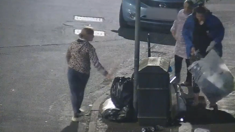 CCTV image of two people dumping rubbish around a public bin