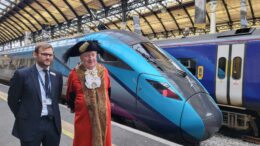 The Lord Mayor of Kingston-Upon-Hull with a representative from Trans Pennine Express with one of the new Nova 1 bi-modal trains running hourly services from Hull to Liverpool