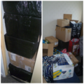 a collage of two photos showing a large number of cardboard boxes filled with the seized tobacco products