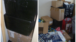 a collage of two photos showing a large number of cardboard boxes filled with the seized tobacco products