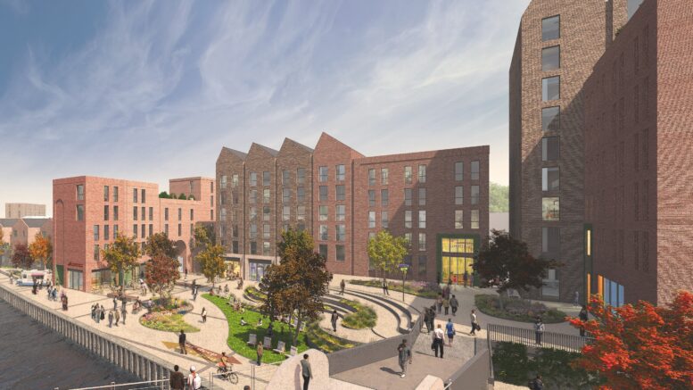 An artist's impression of how East Bank Urban Village may look.