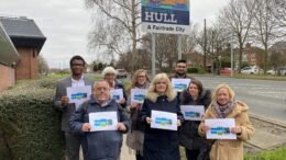 Pictured at the new Fairtrade sign at the Bilton boundary are: Ejimchi Peter-Dumbili (Pres. Union Development, Hull University Students Union), Peter and Chris Church (Hull Fairtrade Partnership) Lauren Murtagh (Living With Water), Cllr Julia Conner (Hull Fairtrade Partnership chair), Gurmok Sanghera (communities manager Hull University Students Union Students Union), Ruth Cowlam and Sharon Clay (both Hull City Council).