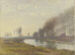 A painting of a outdoor scene of a river with grass banks, trees in the background, 2 small figures of people on the rivers edge and clue sky with white clouds