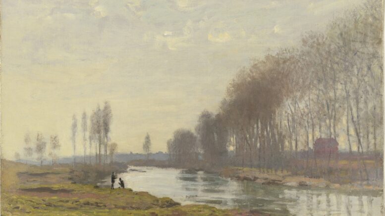 A painting of a outdoor scene of a river with grass banks, trees in the background, 2 small figures of people on the rivers edge and clue sky with white clouds