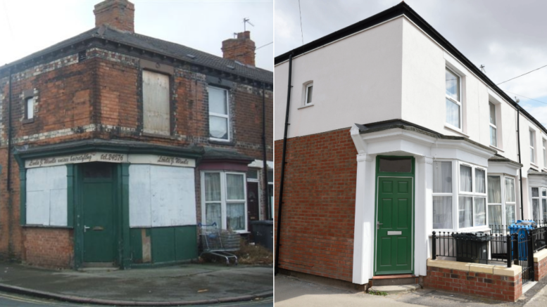 A before and after image of a recycled empty home in Hull.