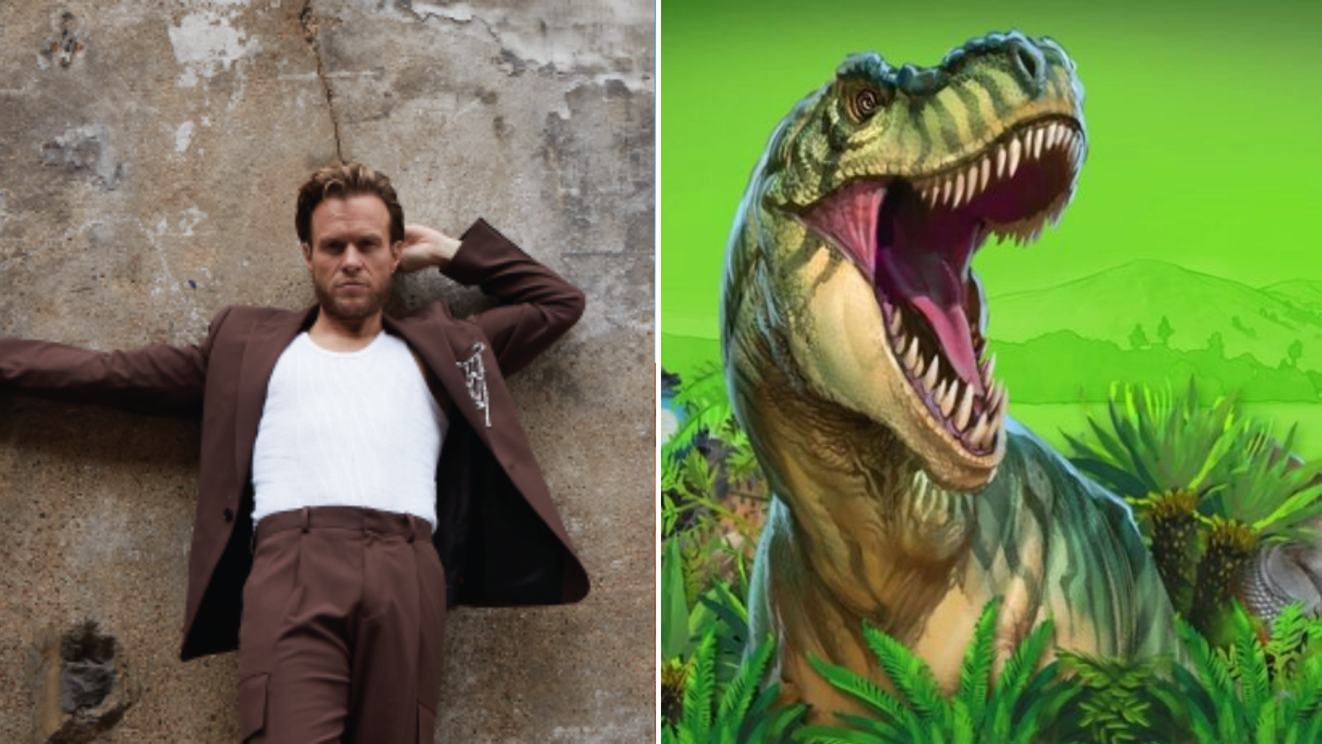 An image of Olly Murs and a dinosaur.