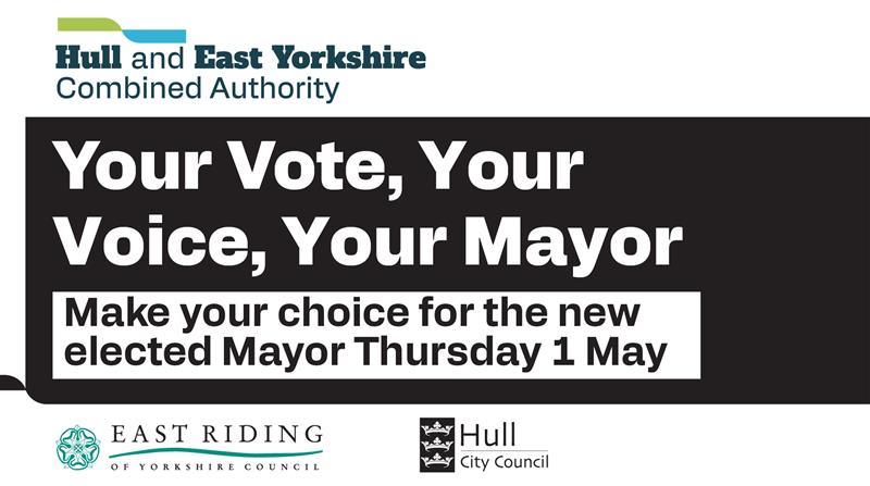 A black and white poster with your vote, your voice, your mayor across it with date (Thursday 1 May)
