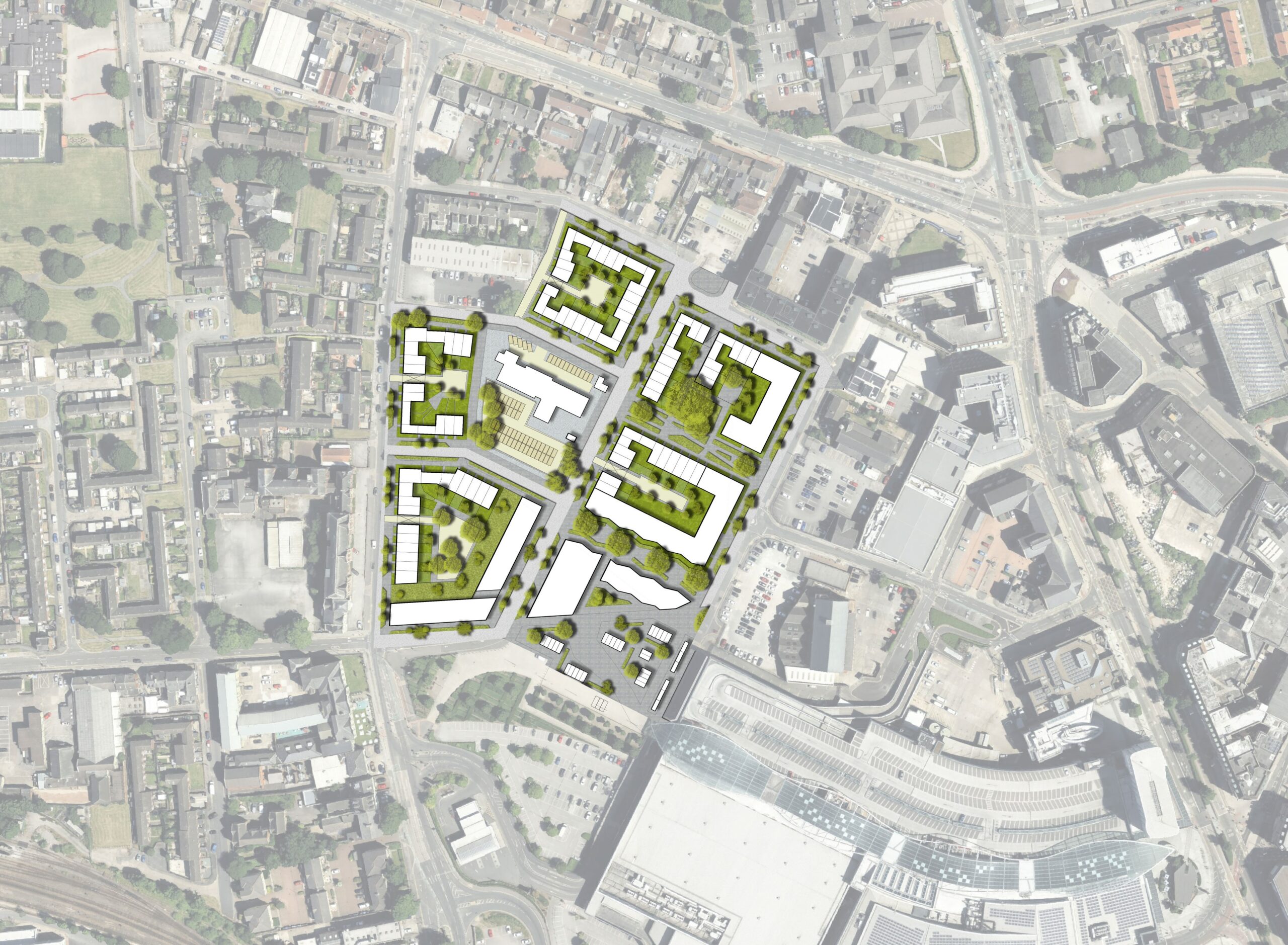 The proposed layout for the site, with the planned development in white.