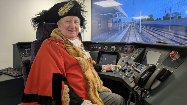 Lord Mayor, Councillor Mark Collinson, experiences the rail simulator at the Hull Trains Learning and Development Academy
