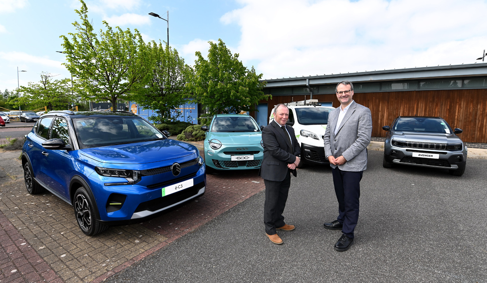 Councillor Paul West of East Riding of Yorkshire Council and Councillor Mark Ieronimo of Hull City Council with a range of electric vehicles at the Priory Park & Ride site, which will host the region’s first electric vehicle experience event in June