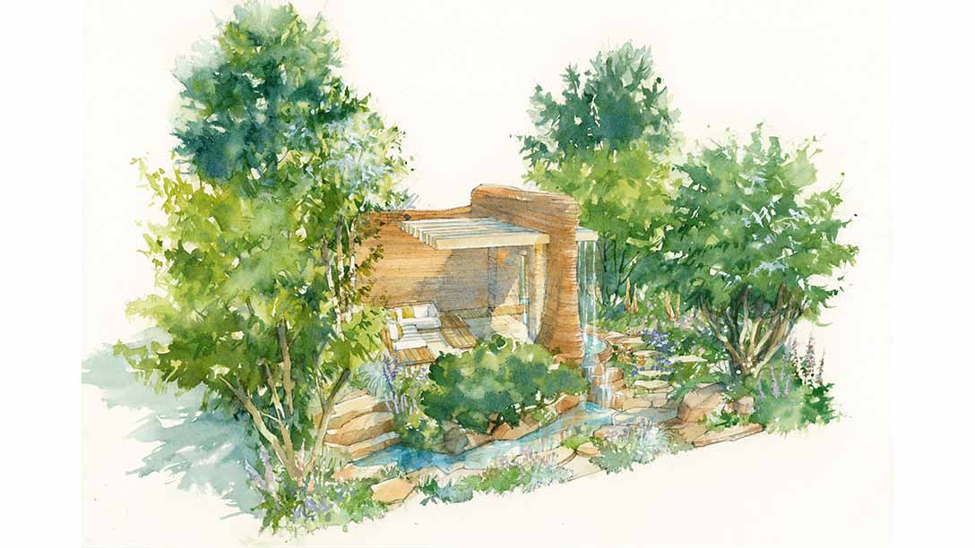 A drawing of a garden with green trees, a small wood and brick structure in the centre and a small running water pond to the front