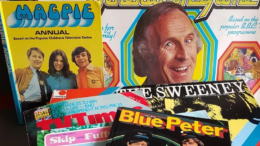 An image of a number of games and books from the 1970s including Blue Peter and the Generation Game