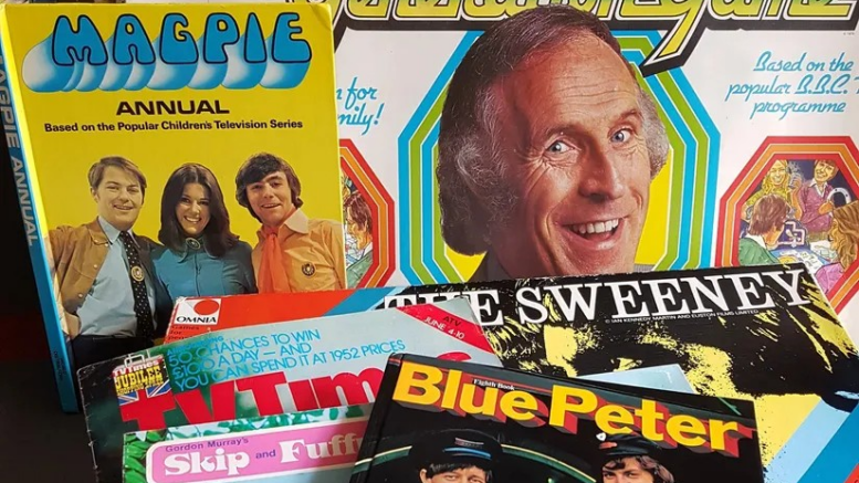 An image of a number of games and books from the 1970s including Blue Peter and the Generation Game
