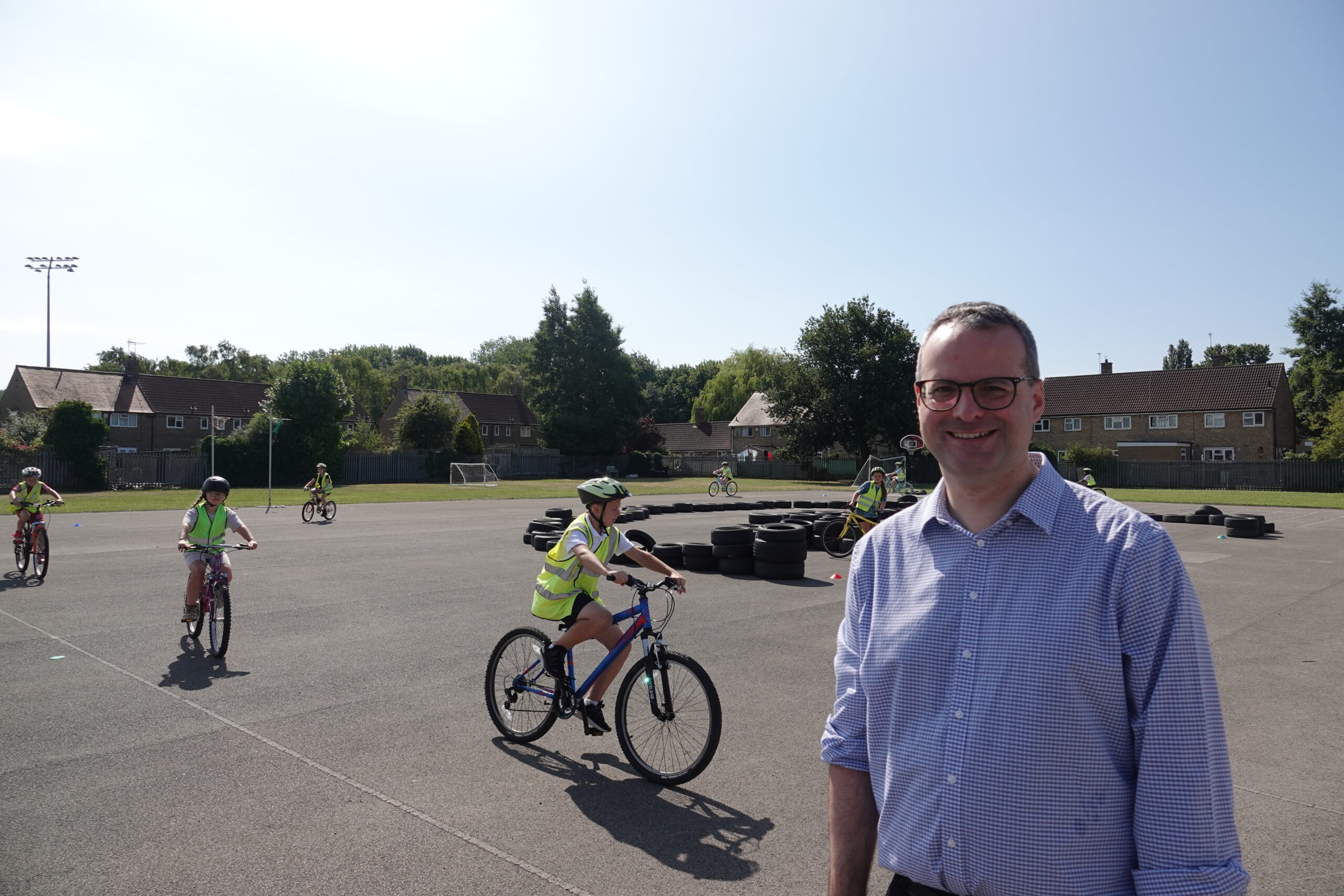 Councillor Mark Ieronimo visiting Rokeby Park Primary School during a Bikeability training session delivered