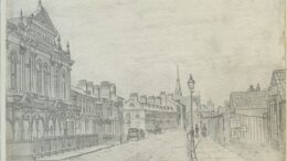 A pencil drawing of a street with buildings and a road running down the middle