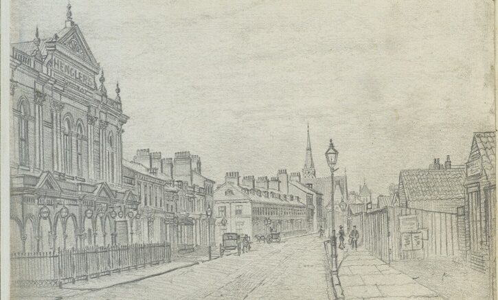 A pencil drawing of a street with buildings and a road running down the middle