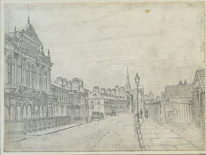 A pencil drawing of a street with buildings and a road running down the middle