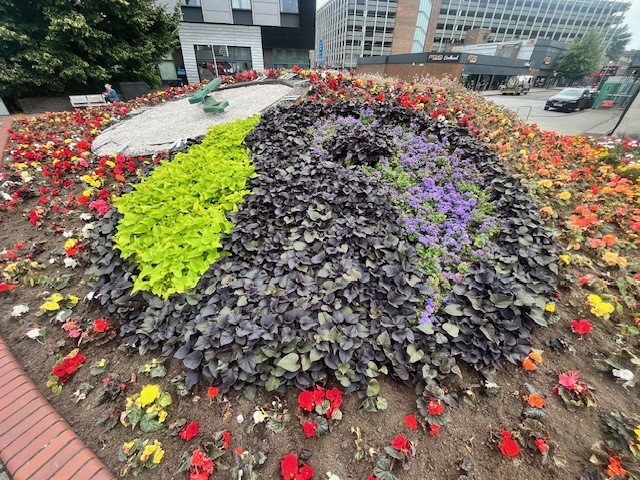 A picture of dark purple, lighter purple and green flowers show the Fairtrade logo, surrounded by other colourful flowers in a raised bed