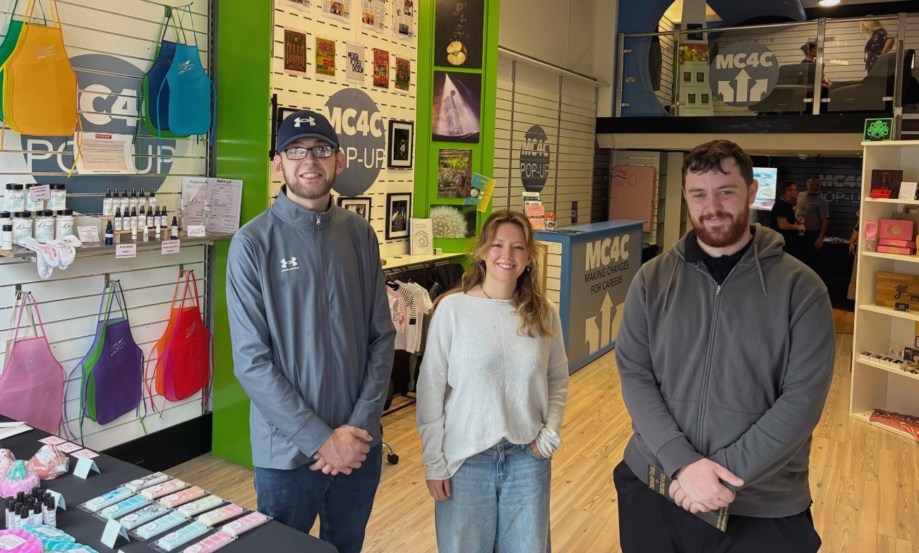 At Hull Emporium are, from left, Jamie Edwards of Edwards Industries, Melissa Foster of Melissa Foster Design and Lewis Rose of Heritage for All.