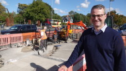 Councillor Mark Ieronimo visits work taking place to raise the kerb-line at a bus stop on Anlaby Road
