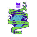 The logo for World Mental Health day. It's an image of a smiling planet earth, wrapped in a green banner with the text 'World Mental Health Day 10 Oct'