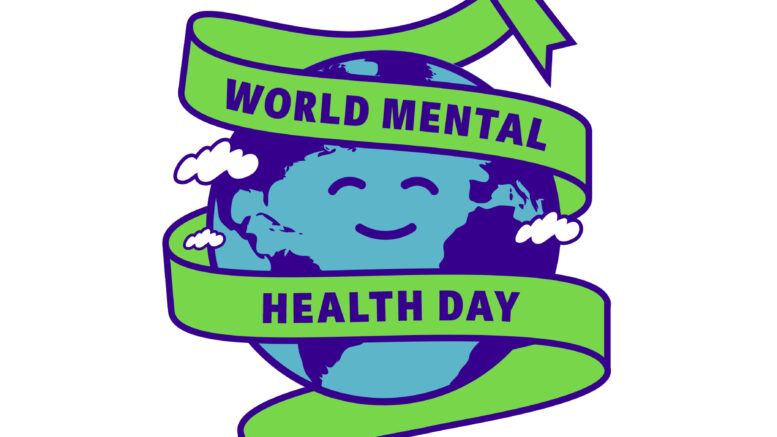 The logo for World Mental Health day. It's an image of a smiling planet earth, wrapped in a green banner with the text 'World Mental Health Day 10 Oct'