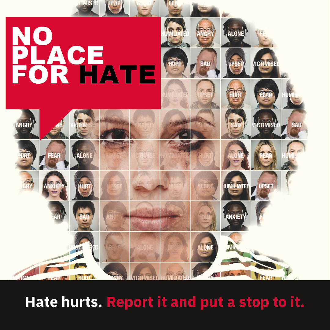 an image of a woman's face, made up of thumbnail images of different people. Bold text says 'no place for hate'