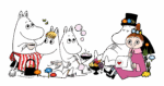 A image of the Moomins - white animal cartoon charaters, alongside a little cartoon girl in a pink dress