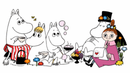 A image of the Moomins - white animal cartoon charaters, alongside a little cartoon girl in a pink dress