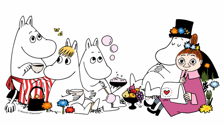 A image of the Moomins - white animal cartoon charaters, alongside a little cartoon girl in a pink dress