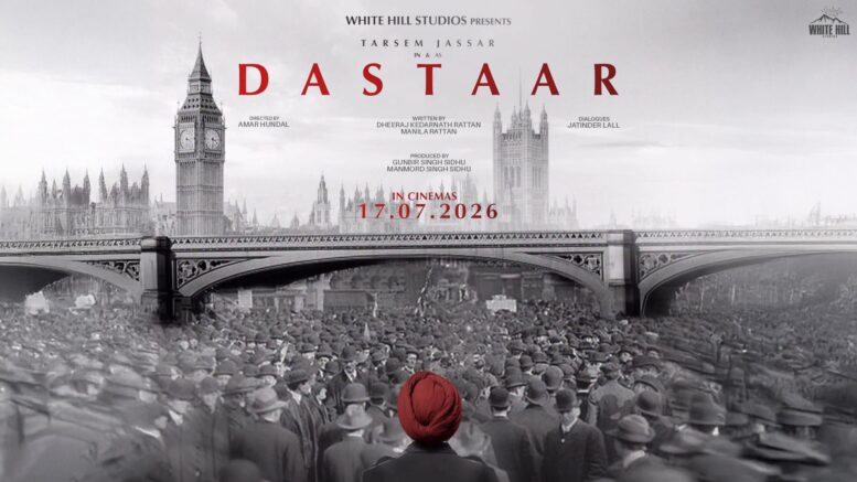 A black and white poster depicting London bridge and Bog Ben, with hundred of people facing away and one man at the forefront of the image in a red turban