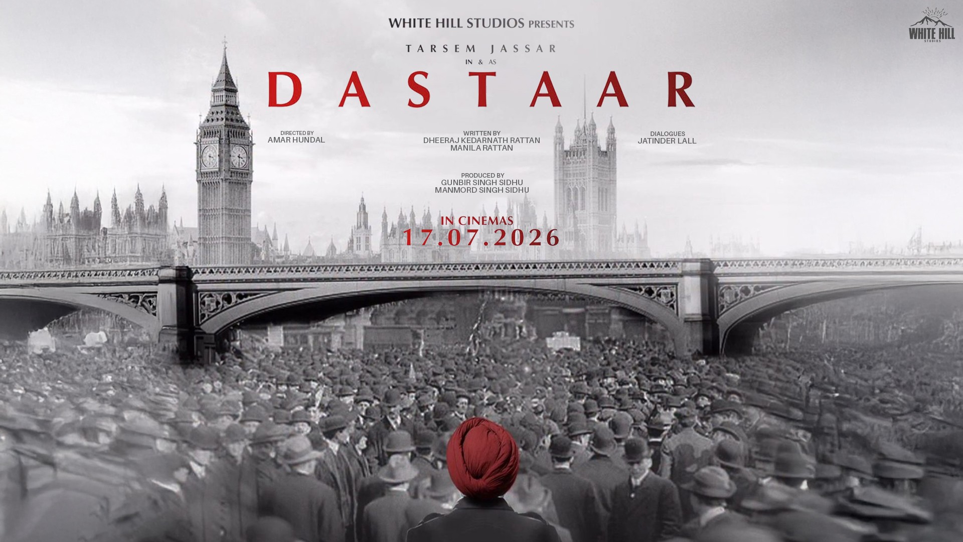 A black and white poster depicting London bridge and Bog Ben, with hundred of people facing away and one man at the forefront of the image in a red turban
