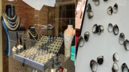 side-by-side images of the counterfeit rings, in the shop window, and then a close-up of them on display