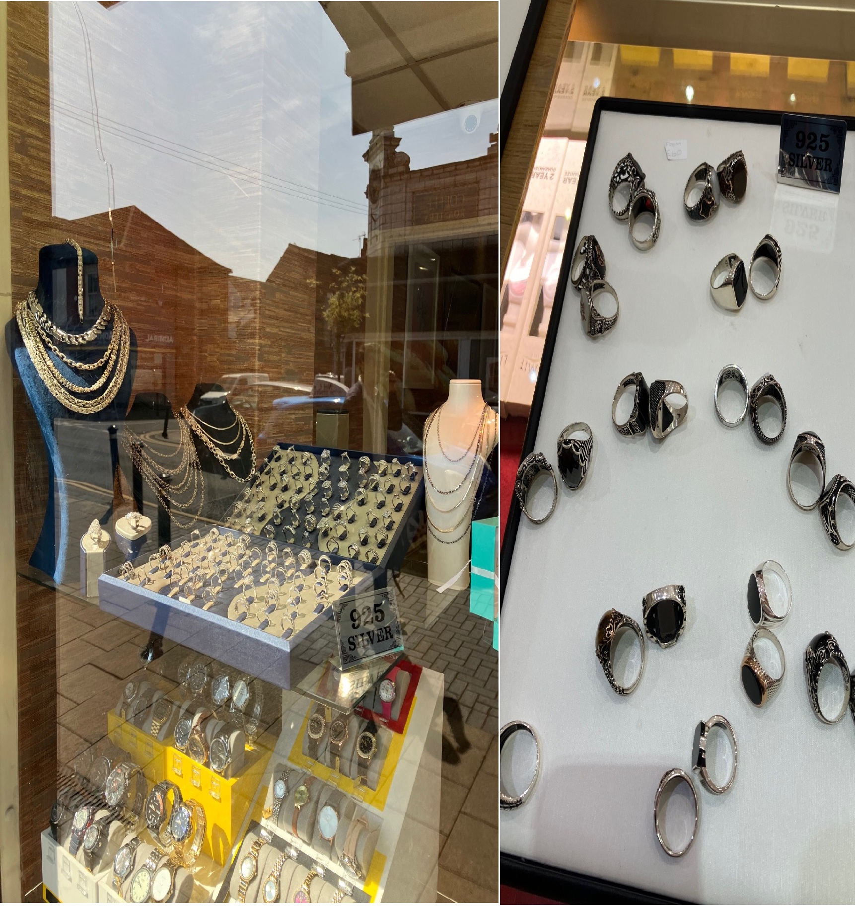 side-by-side images of the counterfeit rings, in the shop window, and then a close-up of them on display