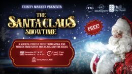 A poster with santa to the left and text showing the dates and times if the christmas show