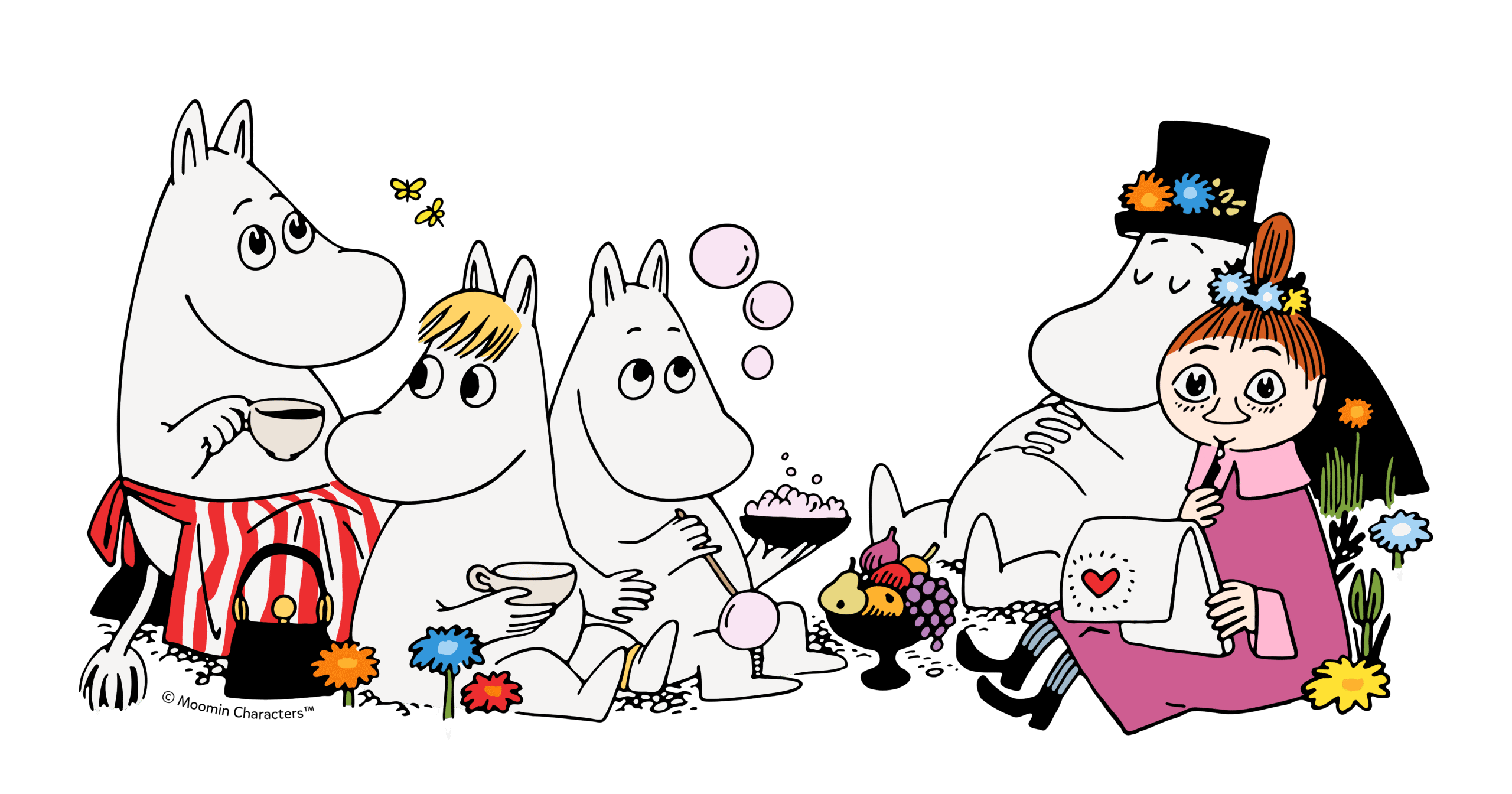 A image of the Moomins - white animal cartoon charaters, alongside a little cartoon girl in a pink dress