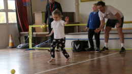 Roy Turnham watches a vision impaired girl taking part in the VI tennis taster day.