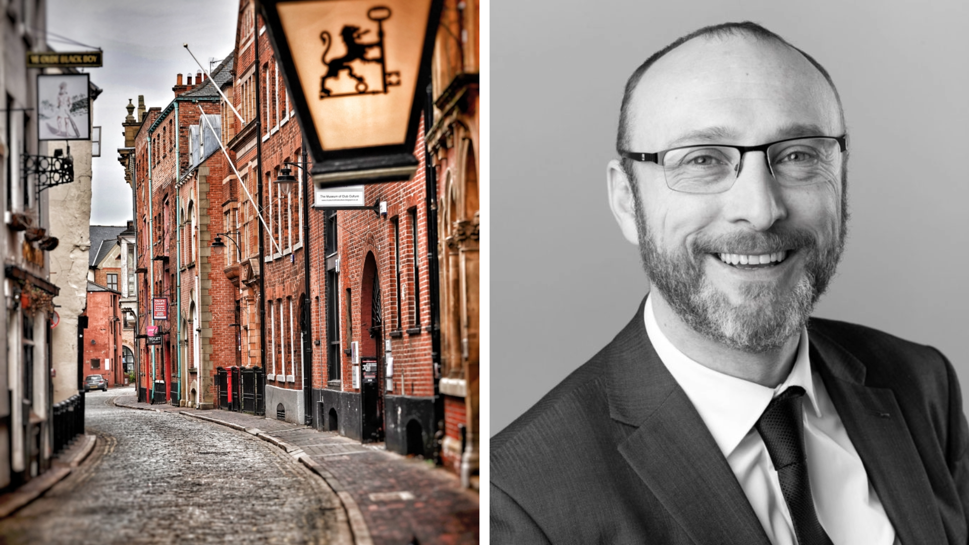 A picture of 2 halves with a colour picture of a curved street with red brick buildings on one side and black and white headshot of a man with a dark beard and glasses in a suit and tie
