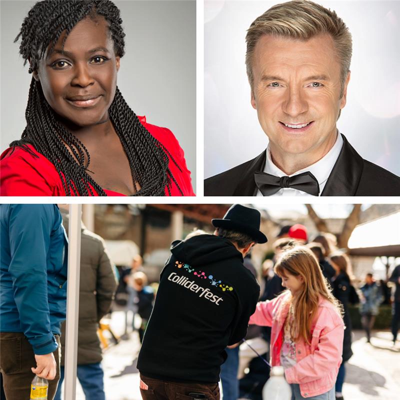 3 images together including two head shots of a woman with black hair and a red top and a man with blonde hair and a tux. Other iamages show back of a persons jumper with Colliderfest logo