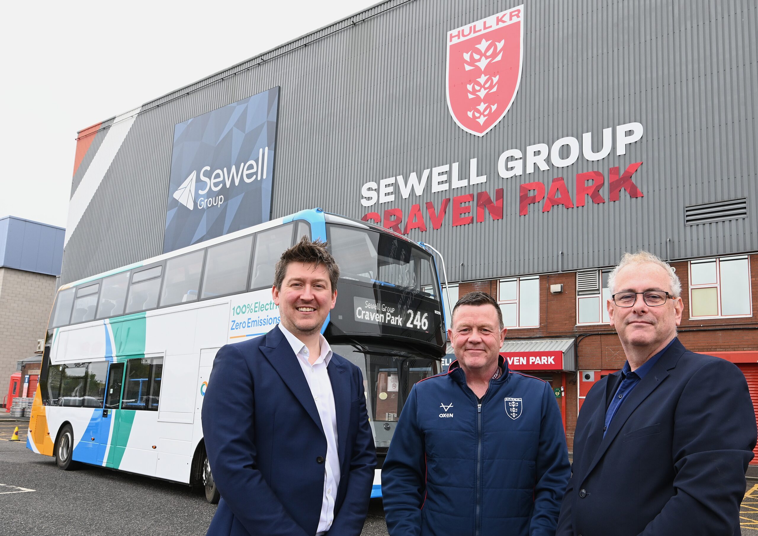 The new 246 service outside Sewell Group Craven Park with (L to R) Chris Jackson of Hull City Council, Phil Stow of Hull KR and Jon Donnelly, Commercial Manager at Stagecoach East Midlands