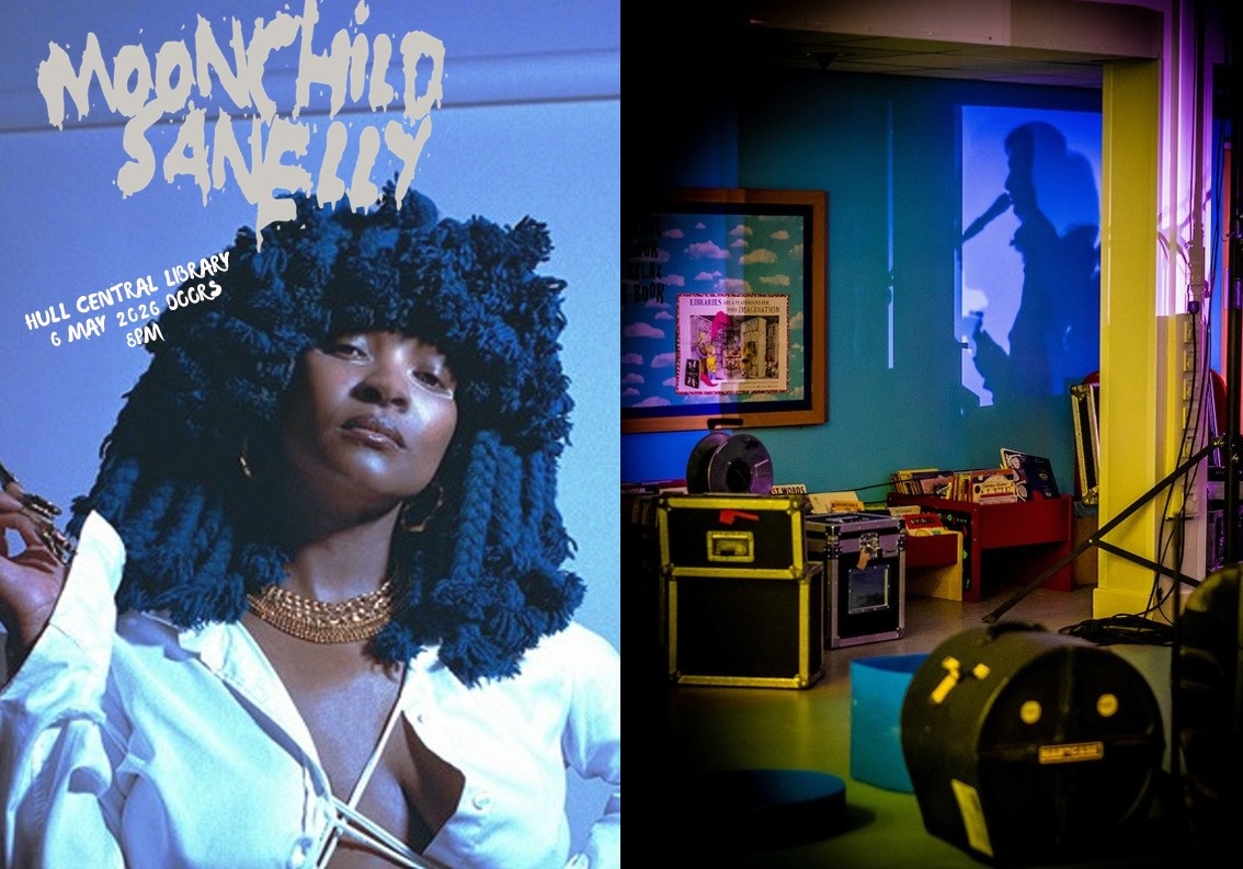 two images side by side with a female with blue afro hair on one side and a room that could be a music studio with a shadow of a person singing into a mic. Includes text saying Moonchild Sandelly and the gig details for Hull