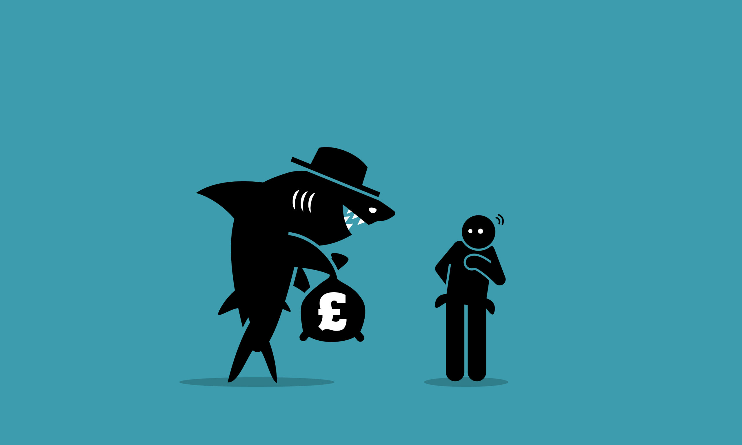 A cartoon of a shark dressed as a moneylender, holding a bag of money and intimidating a person who looks afraid.