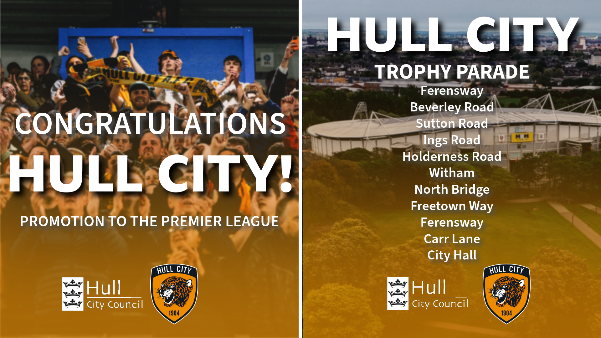 2 posters congratulating hull city and highlighting the parade route