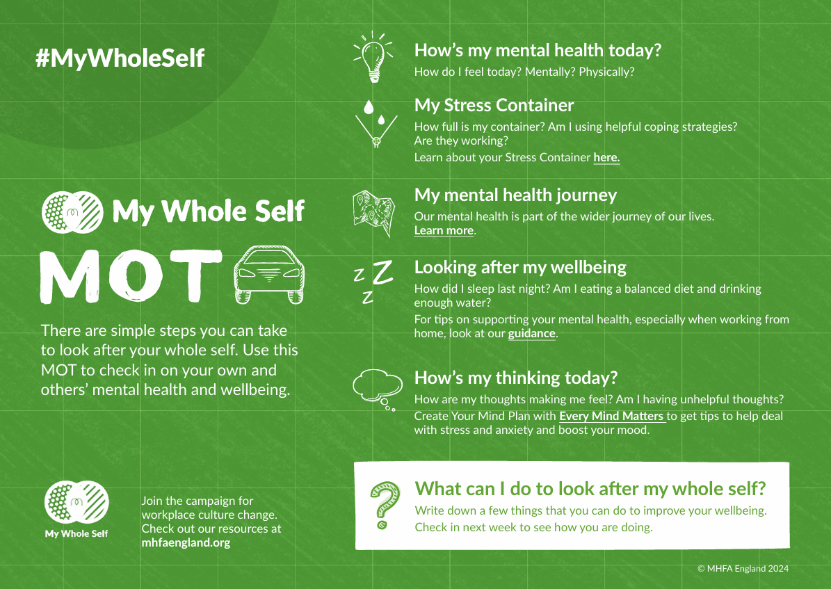 white text on green background discussing how to give yourself a 'mental health MOT'. This is linked for download in the article