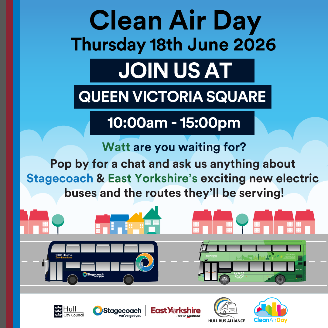 A graphic to promote a Clean Air Day event on Thursday 18 June 2026 in Queen Victoria Square, Hull, from 10am to 3pm, to showcase the city's new electric buses.