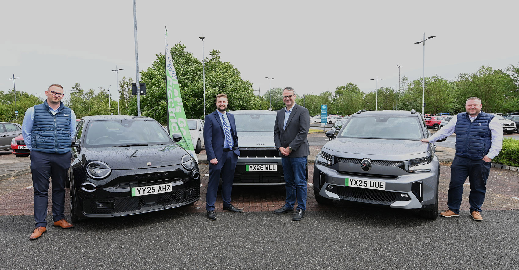 (L to R) Andy Willis, new car sales leader at Evans Halshaw Jeep/Fiat/Citroen, Councillor Nick Coultish of East Riding of Yorkshire Council, Councillor Mark Ieronimo of Hull City Council and Matthew Wilson Roberts, sales executive at Evans Halshaw Jeep/Fiat/Citroen