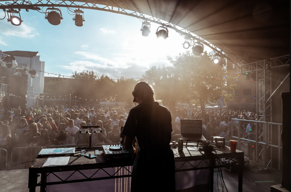 A behind DJ photo looking out to the crowd at Humber Street Sesh.