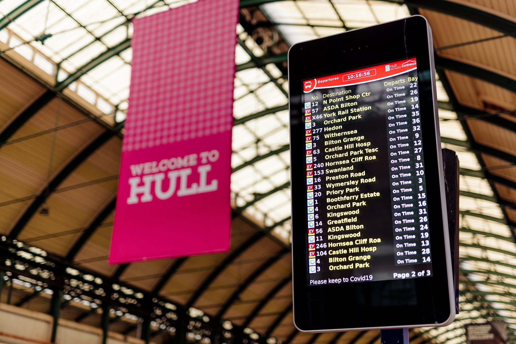 A live bus information display screen at Hull Paragon Interchange.