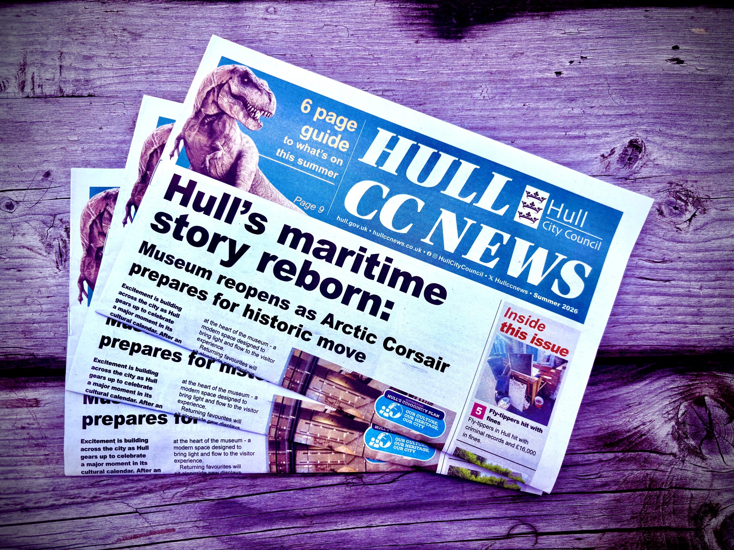 Fanned out copies of Hull CC News' summer 2026 edition on a table